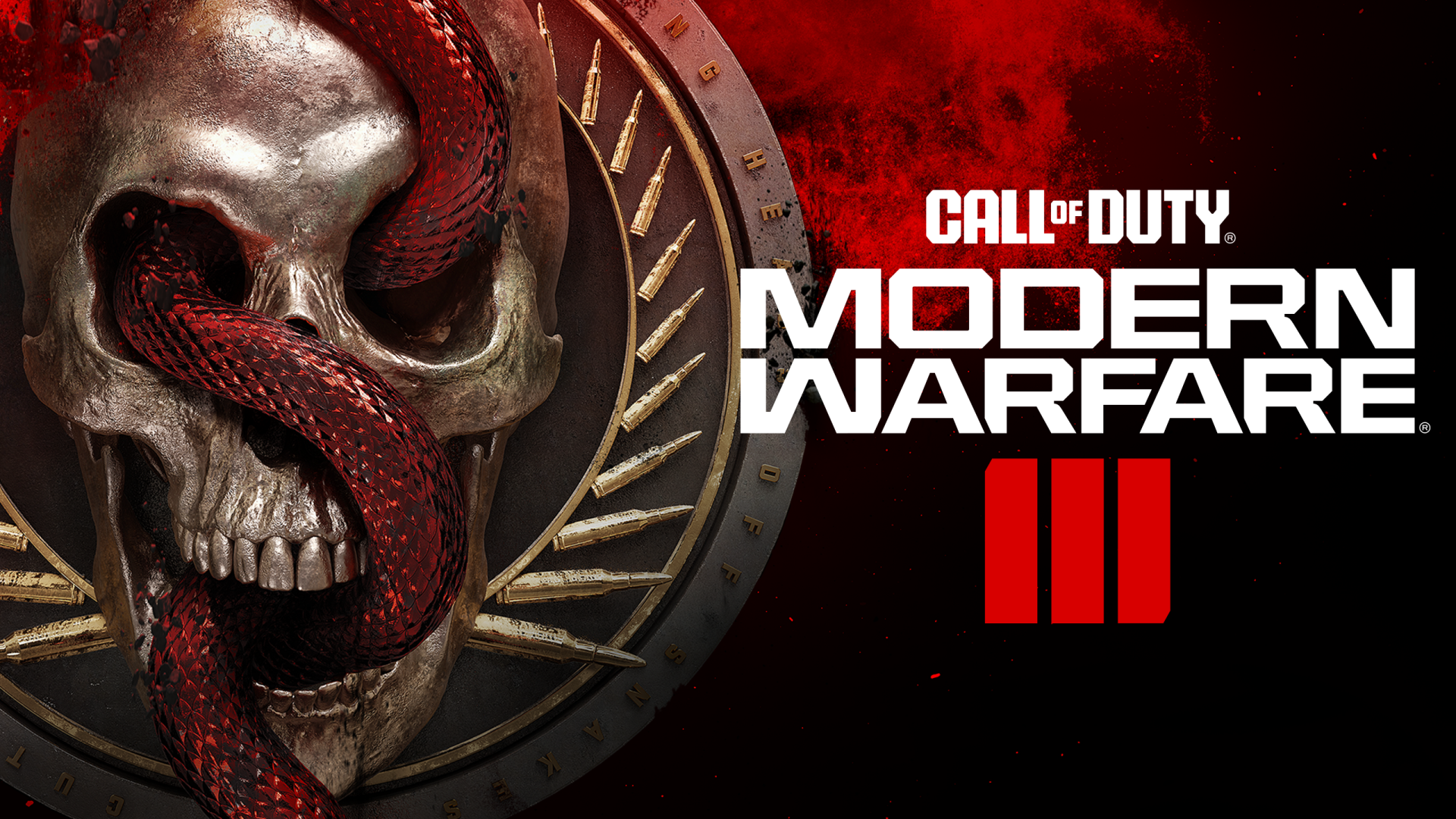 HD wallpaper of Call of Duty: Modern Warfare III featuring a stylized skull with a snake, set against a dark, red splattered background and game logo.