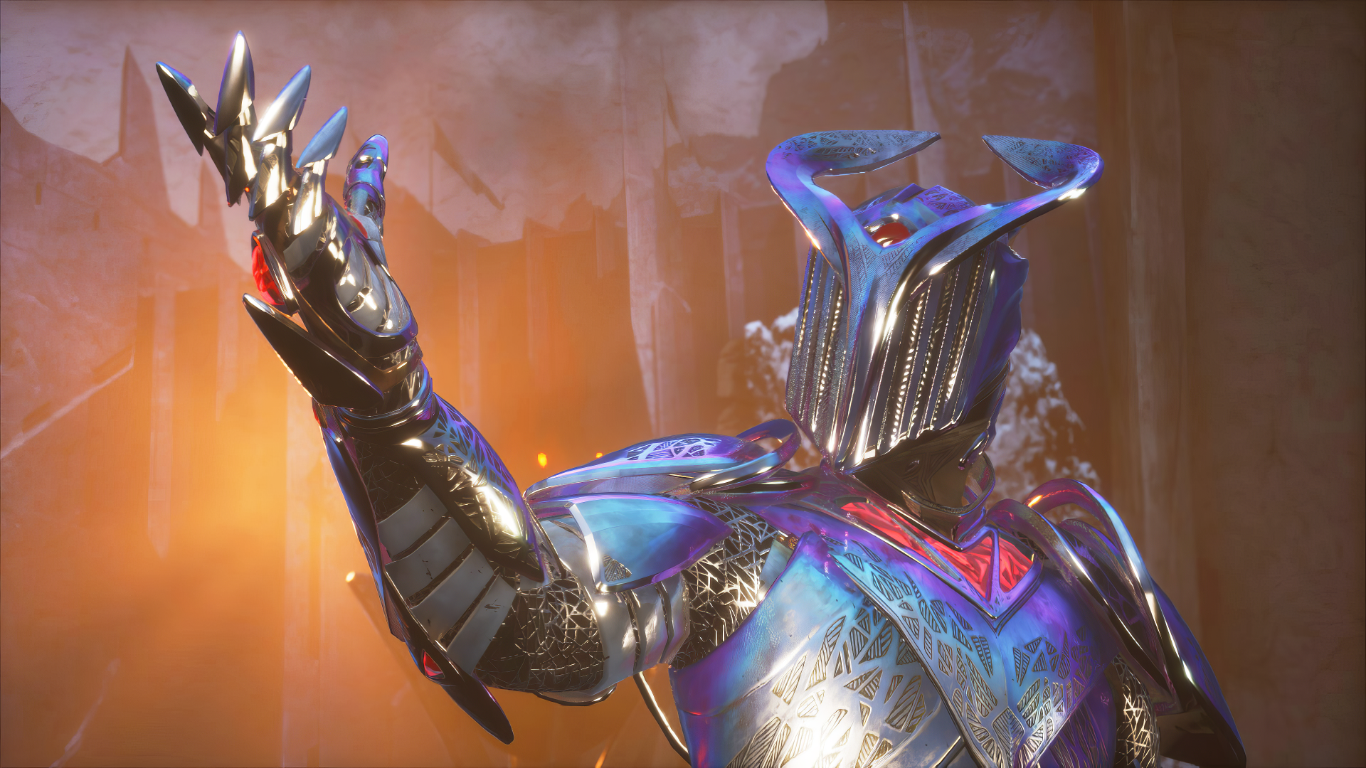 HD wallpaper of an armored character from the Immortals of Aveum game, with a glowing gauntlet, set against a warm, illuminated backdrop.