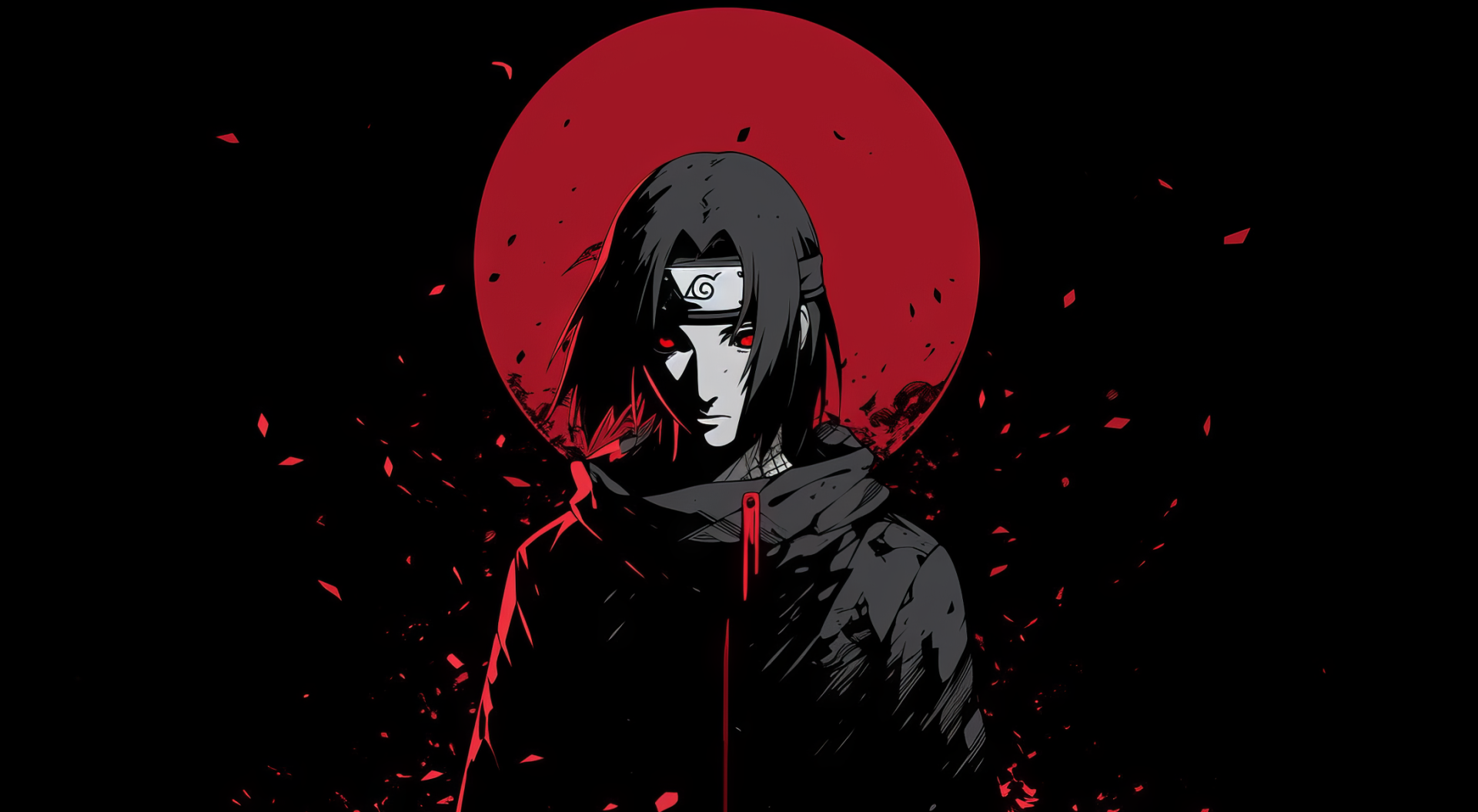 HD desktop wallpaper featuring Itachi Uchiha from Naruto, with a dark anime style, highlighted by his Sharingan eyes and a striking red and black color scheme.