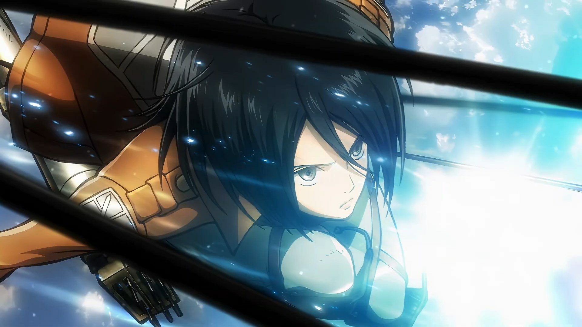 HD anime desktop wallpaper featuring Mikasa Ackerman from Attack on Titan, depicted mid-action with intense focus and dynamic background lighting.