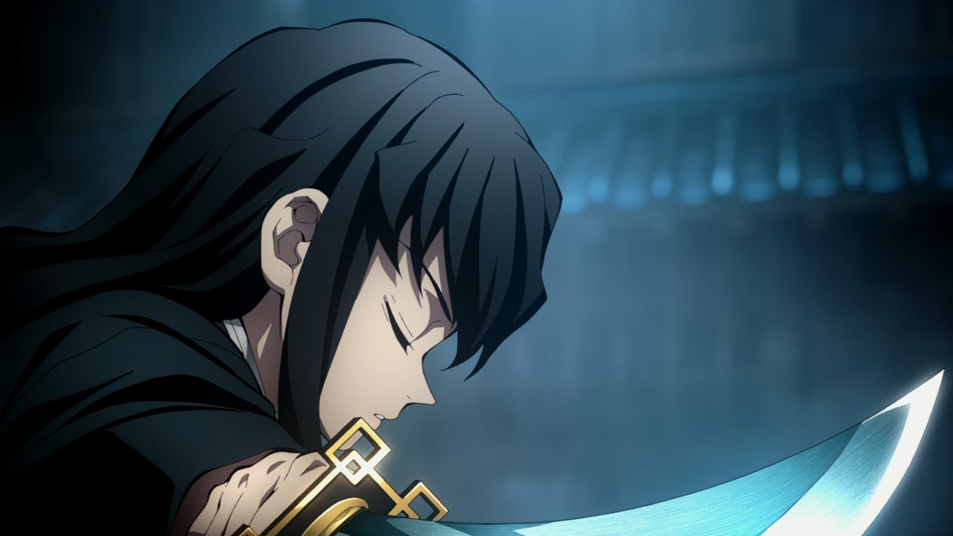 HD PC desktop wallpaper featuring an anime character from Demon Slayer: Kimetsu no Yaiba with dark hair and a glowing sword in a moody, atmospheric scene.