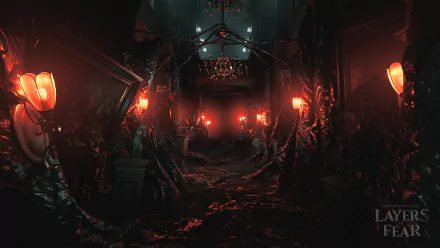 HD desktop wallpaper featuring a creepy corridor from Layers of Fear game with eerie red lighting.