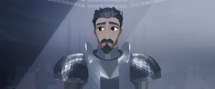 HD desktop wallpaper featuring an animated character from Nimona, standing in armor with a contemplative expression, set against a blurred crowd background for a mystical and heroic ambiance.
