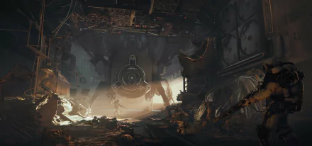 HD desktop wallpaper of a gritty sci-fi spaceship interior, featuring a dimly lit, debris-strewn corridor and futuristic technology elements.