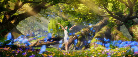HD desktop wallpaper of Mavka from 'The Forest Song' in an enchanting forest setting, surrounded by vibrant flowers and magical blue butterflies.
