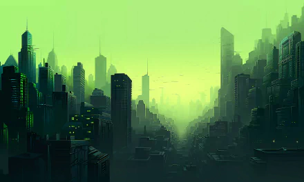 HD PC desktop wallpaper depicting a futuristic sci-fi cityscape in vibrant green hues, created with AI art, showcasing towering skyscrapers and advanced urban architecture.