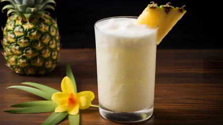 HD desktop wallpaper featuring a refreshing Piña Colada in a glass with a pineapple slice, accompanied by a whole pineapple and a yellow flower, set against a dark wooden background.