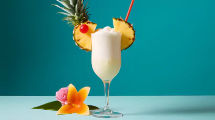HD desktop wallpaper featuring a refreshing Pina Colada in a tall glass, garnished with pineapple slices and a cherry, accompanied by tropical flowers on a vibrant teal background.