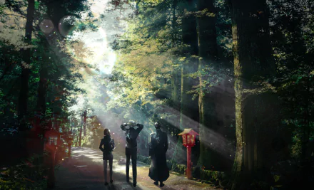 HD desktop wallpaper from Jujutsu Kaisen featuring Suguru Geto, Satoru Gojo, and Shoko Ieiri walking in a mystical forest with beams of light filtering through trees.