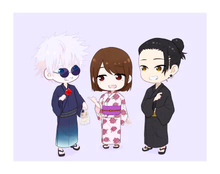 Chibi-style Suguru Geto, Shoko Ieiri, and Satoru Gojo from Jujutsu Kaisen in traditional attire, featured in a colorful HD anime desktop wallpaper.