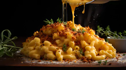 HD wallpaper featuring a sumptuous serving of mac and cheese, topped with herbs and breadcrumbs, with melted cheese being poured over.