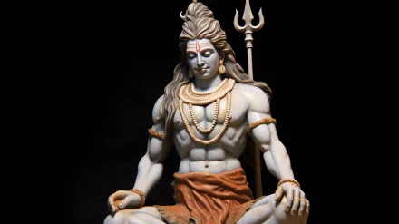 HD desktop wallpaper featuring a detailed statue of Lord Shiva in meditation, adorned with traditional beads and holding a trident, set against a black background.