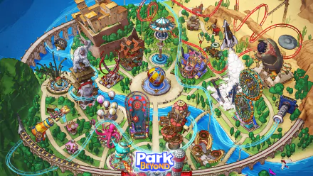 HD desktop wallpaper showcasing a vibrant and detailed amusement park from the video game Park Beyond, featuring colorful rides and attractions.