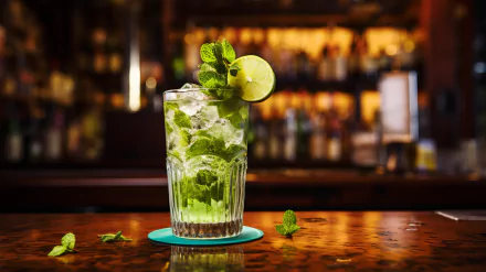 Fresh mojito cocktail with lime and mint leaves on bar counter HD desktop wallpaper background.