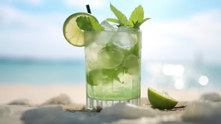A refreshing mojito cocktail garnished with mint and lime rests on a sandy beach, with a vibrant ocean backdrop, making it an inviting HD desktop wallpaper.