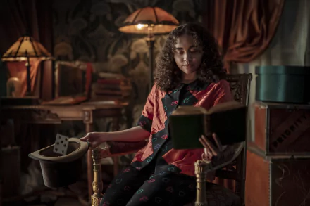 Bailey Bass sits thoughtfully in a cozy, vintage setting, reading a book while holding a top hat, showcasing a scene from the TV show Interview with the Vampire in high-definition detail.