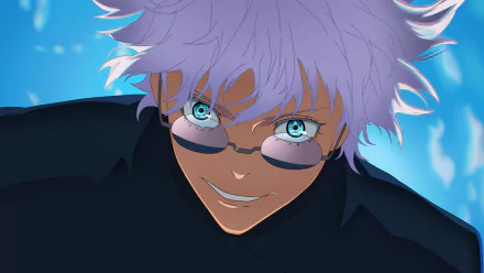 HD anime wallpaper featuring Satoru Gojo from Jujutsu Kaisen with striking light blue eyes and white hair against a vibrant blue background.
