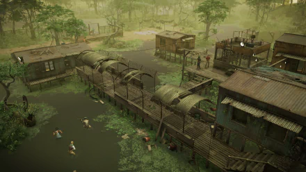 HD desktop wallpaper from the video game Jagged Alliance 3 featuring a detailed swamp village with wooden houses and characters engaged in various activities.