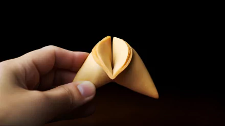 HD desktop wallpaper featuring a hand holding a fortune cookie against a dark background, highlighting the cookie's detail and texture.