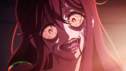 HD desktop wallpaper from Zom 100: Bucket List of the Dead featuring a close-up of a terrified anime character with haunting red eyes.