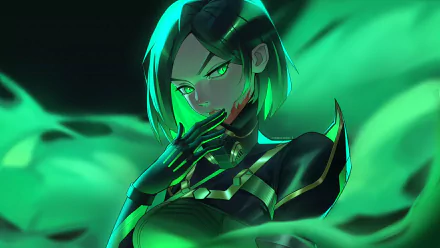 HD PC desktop wallpaper featuring Viper from Valorant, showcasing her mysterious green aura and confident pose in the video game.