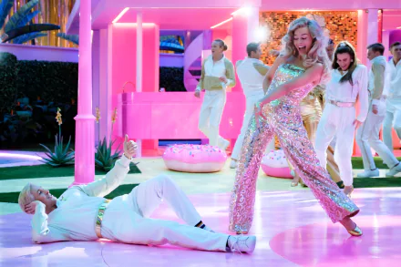HD wallpaper of two actors in a vibrant Barbie-themed setting, the woman in a sparkling pink outfit, the man in a white suit, with a whimsical, energetic vibe.