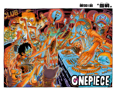 HD desktop wallpaper of One Piece featuring characters Monkey D. Luffy, Roronoa Zoro, Nami, Usopp, and Brook in a colorful, dynamic setting.