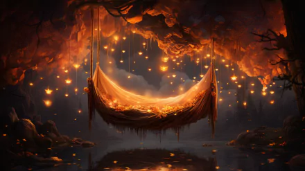HD desktop wallpaper featuring an artistic depiction of a hammock suspended in a mystical forest with glowing lights, embodying an aura of fantasy and tranquility.