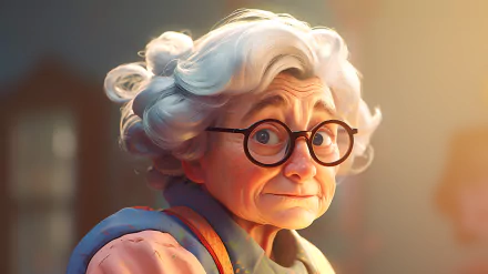 HD desktop wallpaper featuring a stylized portrait of a grandmother with curly gray hair and round glasses, highlighted by warm, glowing background light.