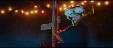 Teenage Mutant Ninja Turtles: Mutant Mayhem themed HD wallpaper featuring a smiling turtle character with goggles against a brick wall with festive lights.