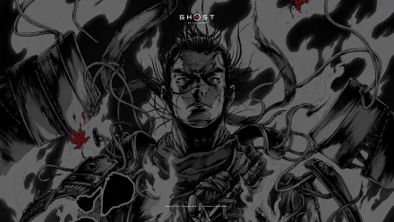 HD desktop wallpaper featuring an illustrated scene from the video game Ghost of Tsushima, depicting a warrior surrounded by dynamic, swirling ink and splashes of red.