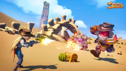 HD desktop wallpaper from My Time at Sandrock video game, featuring a character battling a robotic enemy in a vibrant desert setting.
