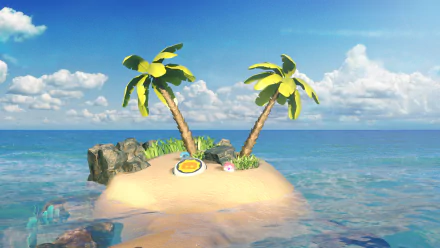 HD desktop wallpaper and background from Astro Bot Rescue Mission video game, showcasing a small tropical island with two palm trees and clear ocean waters.