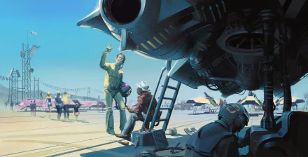 HD desktop wallpaper from Wipeout Omega Collection featuring two characters interacting near a futuristic racecraft in a vividly detailed pit area.