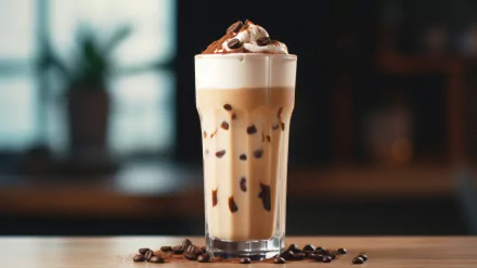 A delicious coffee milkshake topped with whipped cream and chocolate sits in a tall glass, surrounded by coffee beans, creating a tempting food-inspired HD desktop wallpaper.