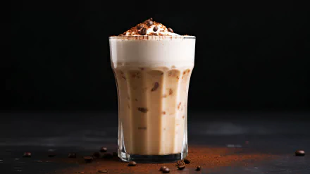 A creamy coffee milkshake topped with whipped cream and chocolate sprinkles, presented in a clear glass against a dark background, making for a stylish HD desktop wallpaper.
