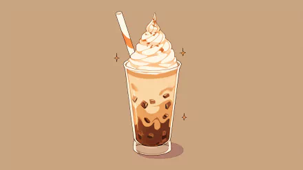 A delicious coffee milkshake topped with creamy swirls and a straw, set against a simple background. A delightful food-themed HD desktop wallpaper.