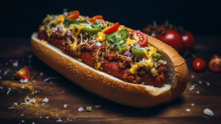 A close-up of a delicious chili dog topped with cheese, jalapeños, and tomatoes, set against a dark backdrop, making it an appealing HD wallpaper for food lovers.