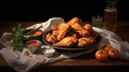 A delicious arrangement of crispy chicken wings sits on a dark wooden table, surrounded by dipping sauces, fresh herbs, and tomatoes, creating an enticing food scene for a vibrant HD wallpaper.
