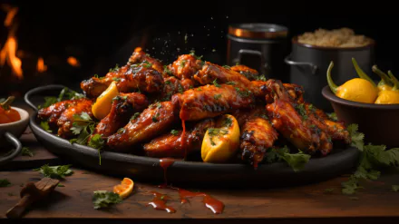 A mouthwatering display of chicken wings drizzled with sauce and garnished with fresh herbs and lemon, served on a wooden platter. A tempting food wallpaper for any kitchen.