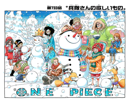 HD desktop wallpaper of One Piece featuring Monkey D. Luffy, Usopp, Tony Tony Chopper, Franky, and Brook in a snowy scene building a snowman.