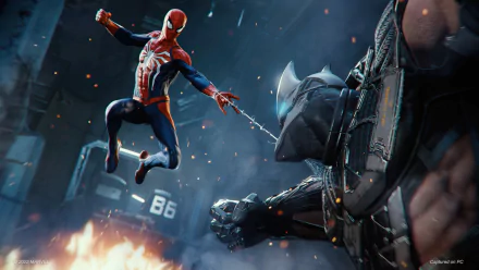 HD desktop wallpaper from Marvel's Spider-Man Remastered, featuring Spider-Man in mid-action against a robotic enemy.