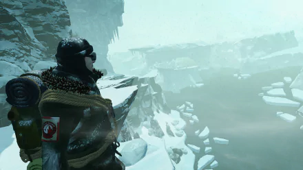 HD desktop wallpaper featuring a character from the video game Edge of Nowhere, overlooking a snowy, mountainous landscape.