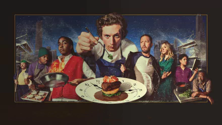 Panoramic poster of TV show The Bear: a chef thrusts a plated dish forward with an ensemble cast in a gritty kitchen — 4K Ultra HD PC desktop wallpaper.