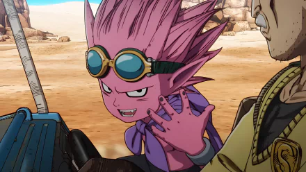 Anime character with pink hair and goggles from Sand Land expressed aggressively in a desert setting, designed as a high-definition desktop wallpaper.