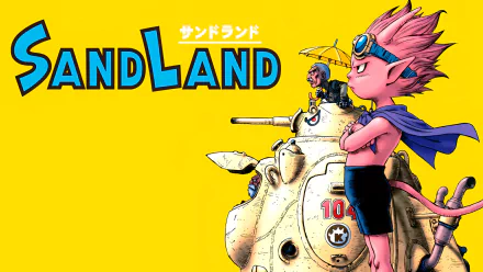 HD desktop wallpaper featuring characters from the anime Sand Land with a vibrant yellow background.