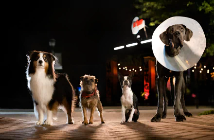 HD desktop wallpaper from the movie Strays, featuring a group of dogs on a city street at night, one wearing a cone.