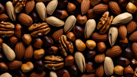 HD desktop wallpaper featuring a close-up view of mixed nuts including almonds, hazelnuts, and walnuts arranged densely across the frame.