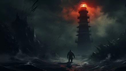 HD wallpaper featuring a dramatic AI art depiction of a lighthouse illuminated against a dark stormy sky with a solitary figure standing in the foreground.