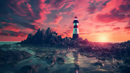 A stunning HD backdrop featuring a man-made lighthouse on rocky shorelines, bathed in vibrant colors of a sunset, showcasing the beauty of AI art. 